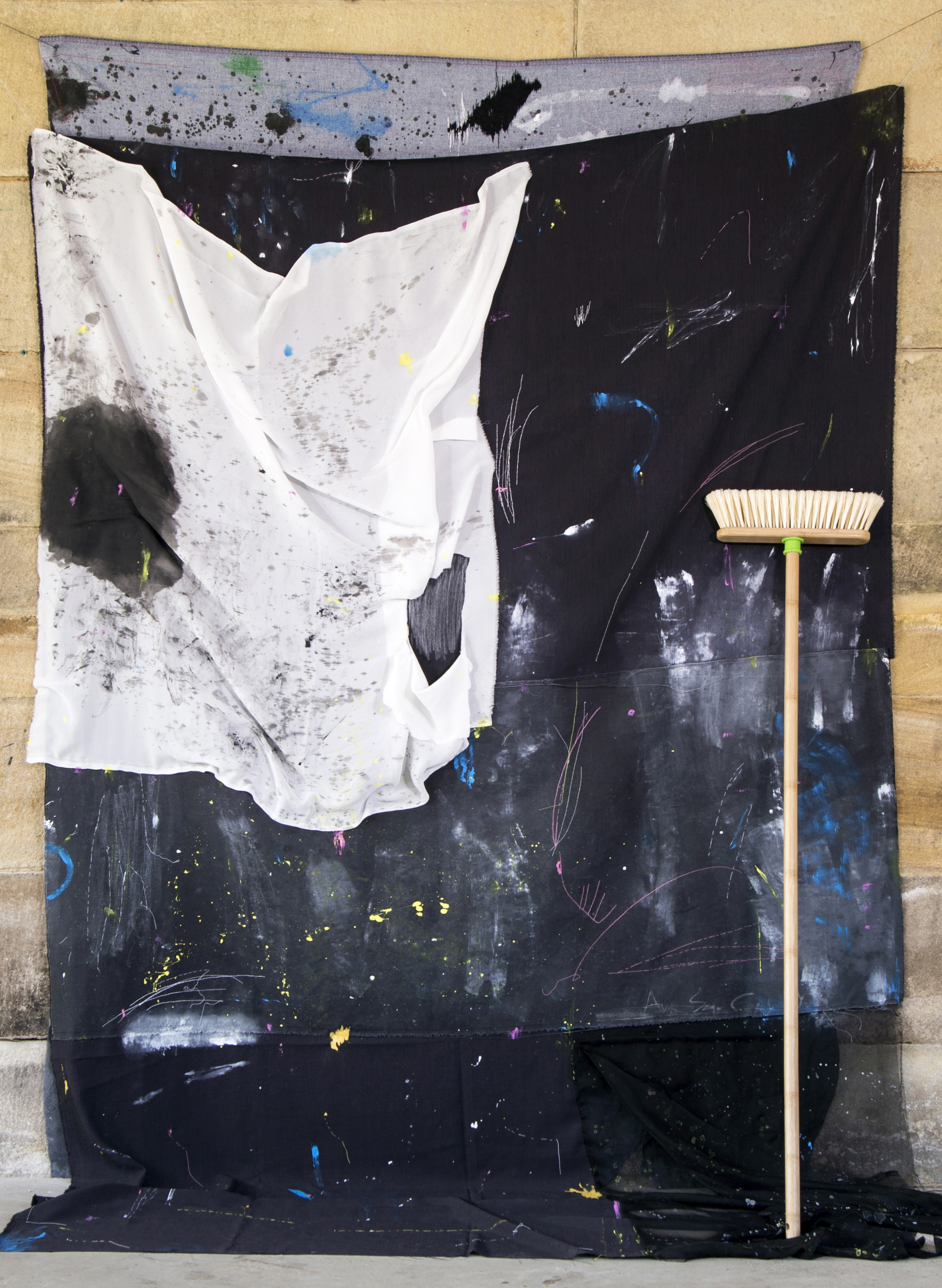 Yeliz Yorulmaz, A Study of Many, Paint and hand stitch on fabric, broom