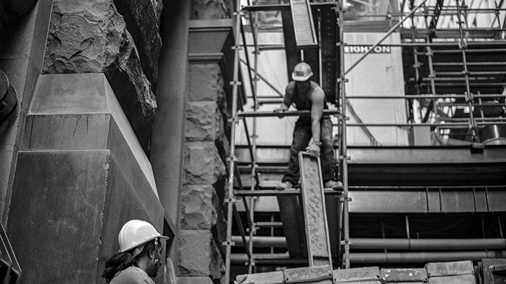 A black and white image of construction workers at the site of City Recital Hall. Image courtesy of City of Sydney Archives, Tim Cole Collection.