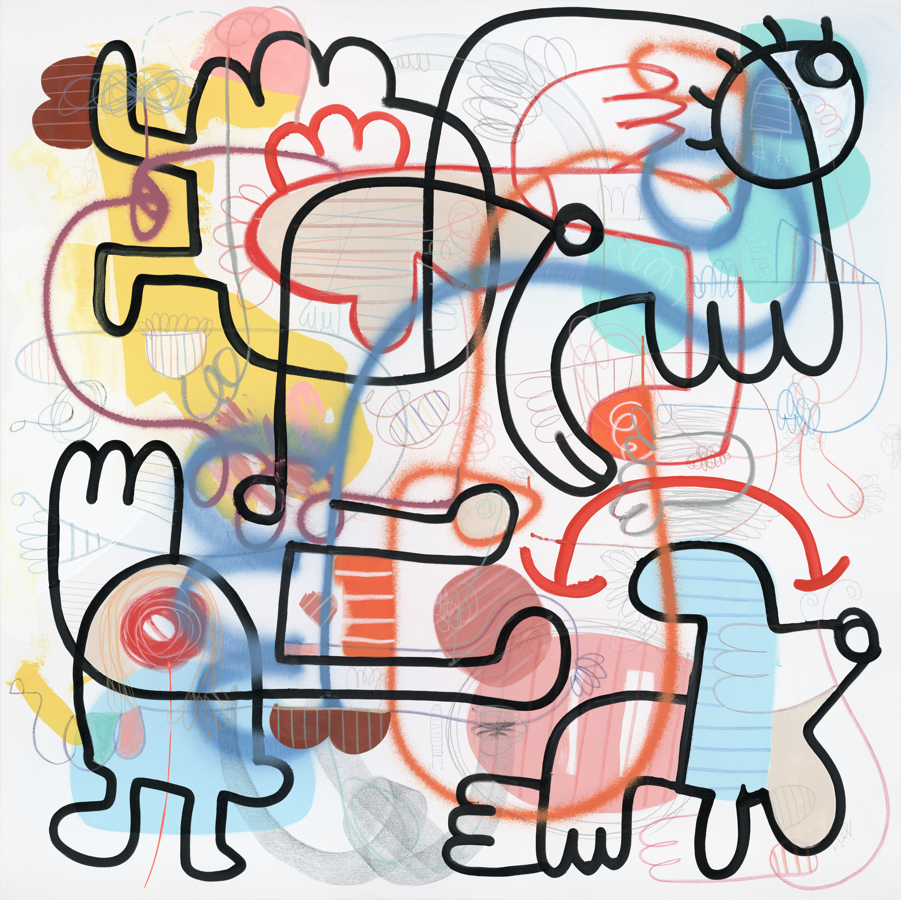 'Cauldron Of Novelty', acrylic, spray paint, oil stick, wax crayon, conte crayon, charcoal, graphite on canvas, 150 x 150cm, $4,300