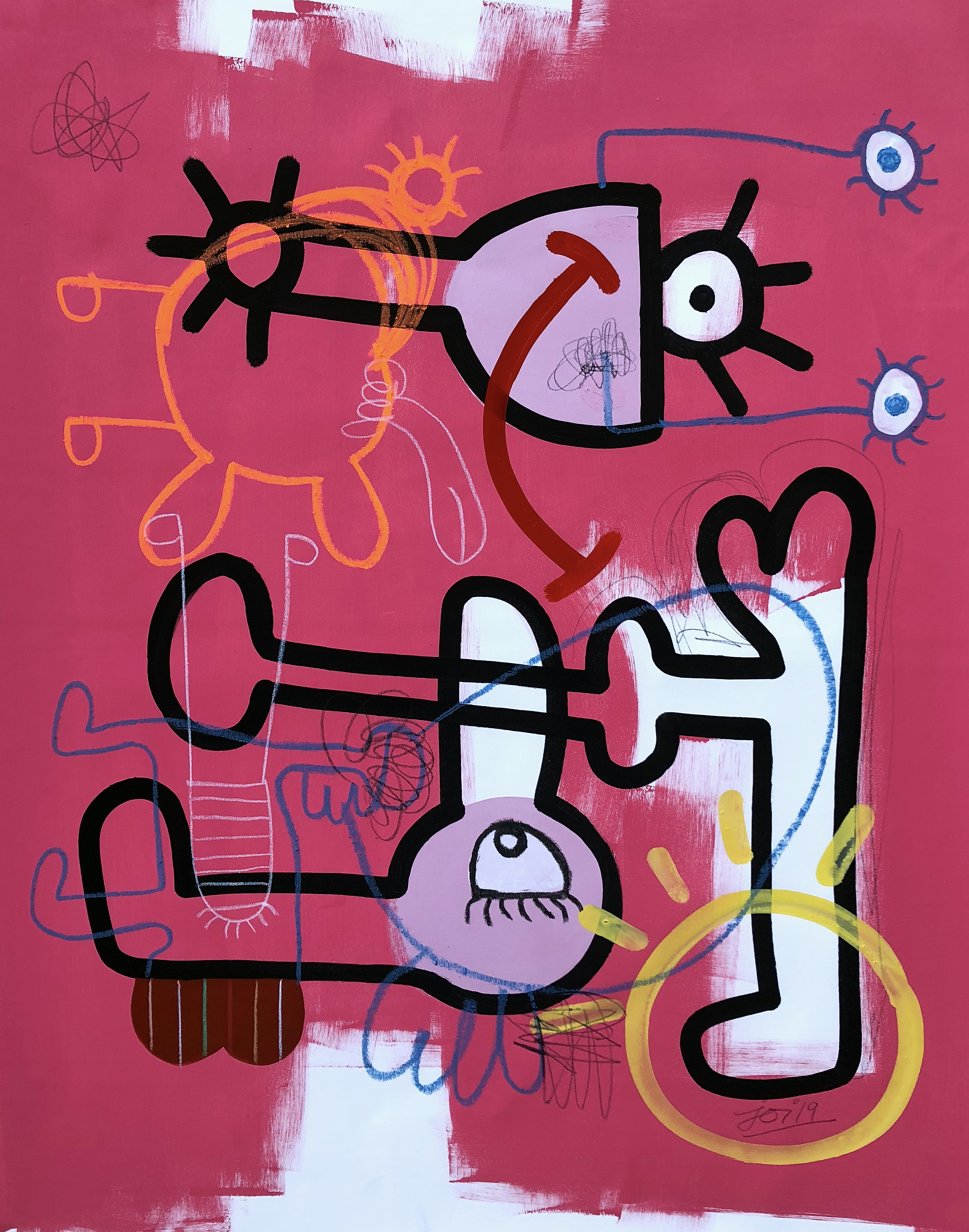 'Comical Plumbing & Pruning Services', acrylic, oil stick, conte crayon, spray paint, charcoal on canvas, 90 x 75cm, $1,800