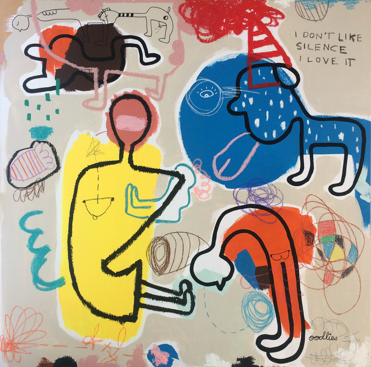 'I don't Like Silence, I Love It', acrylic, oil stick, charcoal on wood panel, 61 x 61cm, $1,200