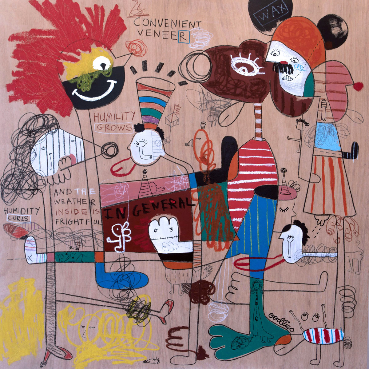 'Ministry Of Silly Walks', acrylic, oil stick, conte crayon on wood panel, 95 x 95cm, $2,400
