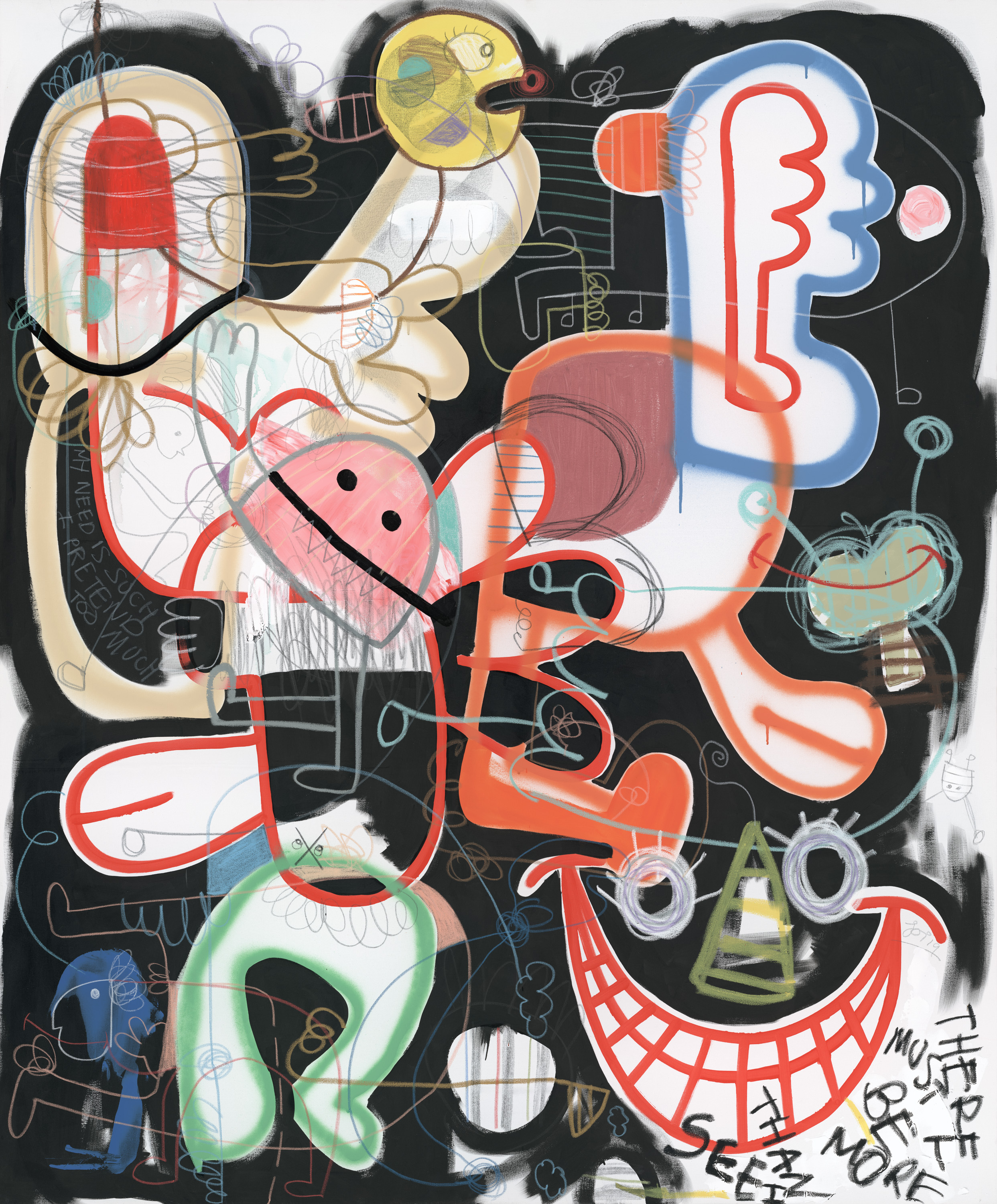 'My Need Is Such I Pretend Too Much', acrylic, spray paint, oil stick, wax crayon, charcoal, graphite on canvas, 183 x 152cm, $5,200