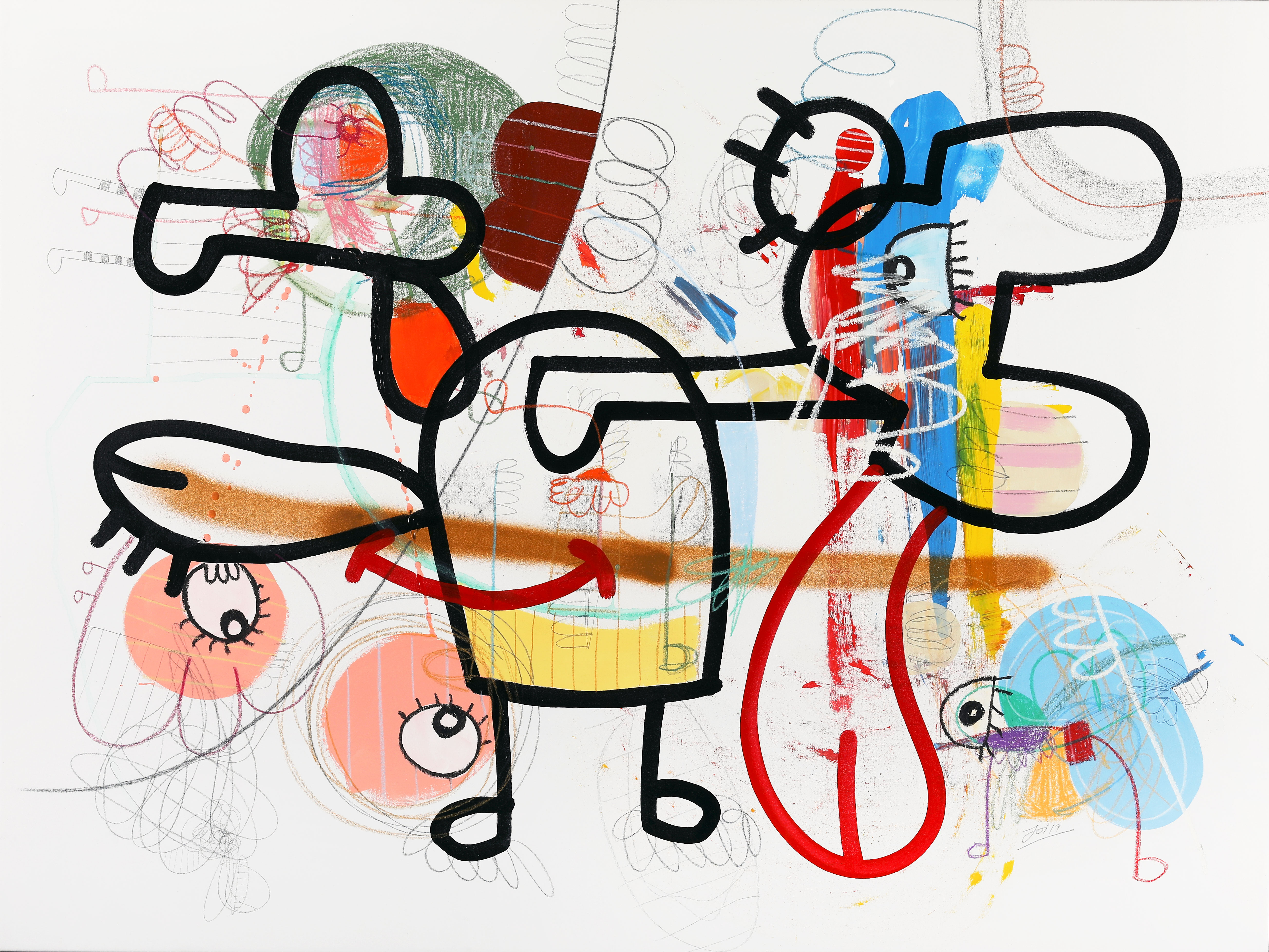 'There Are So Many Places That Call (why not go)', acrylic, oil stick, wax crayon, spray paint, charcoal on canvas, 90 x 120cm, $2,800