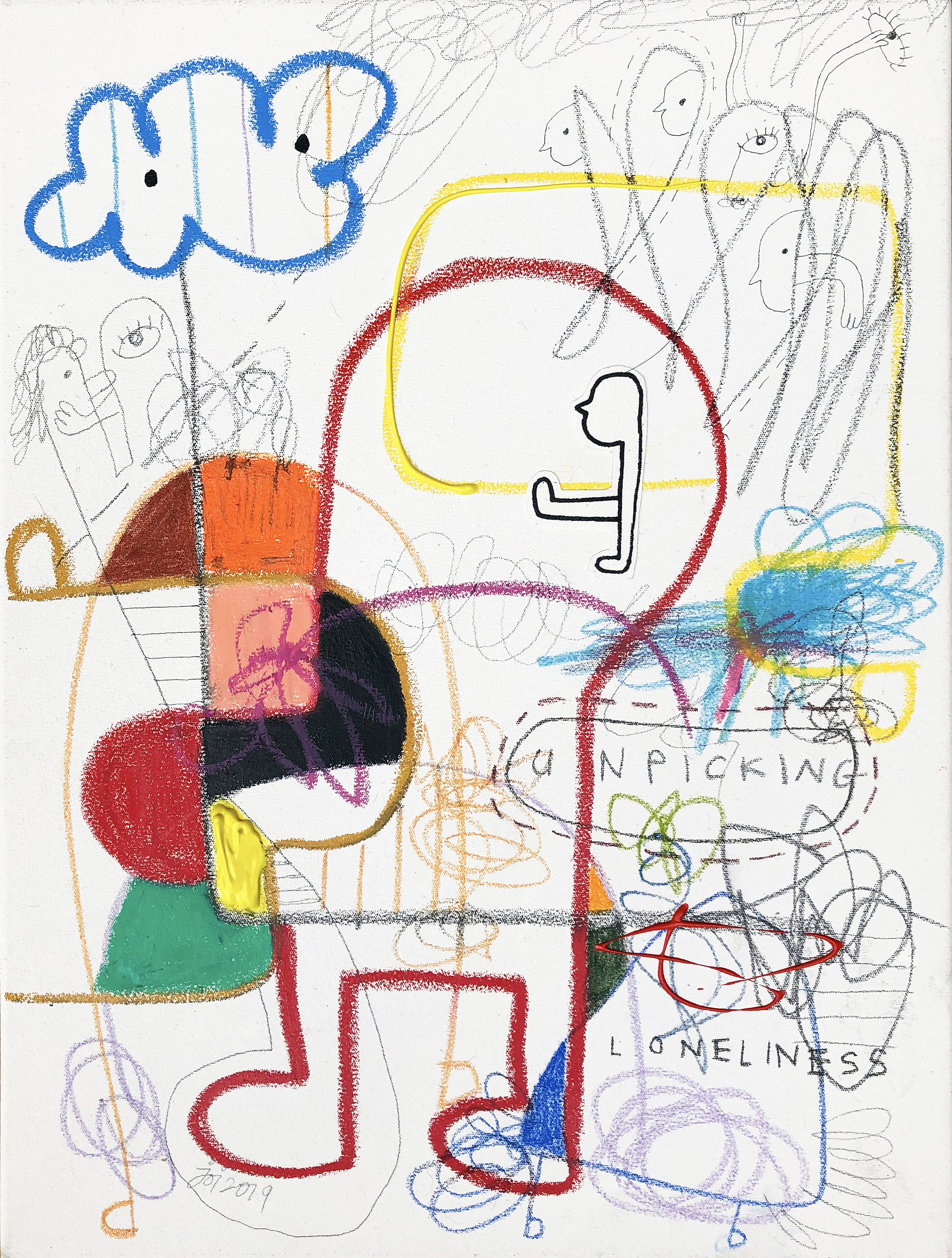 'Unpicking Loneliness', oil pastel, wax crayon, graphite on stretched canvas, 40 x 30cm, $550
